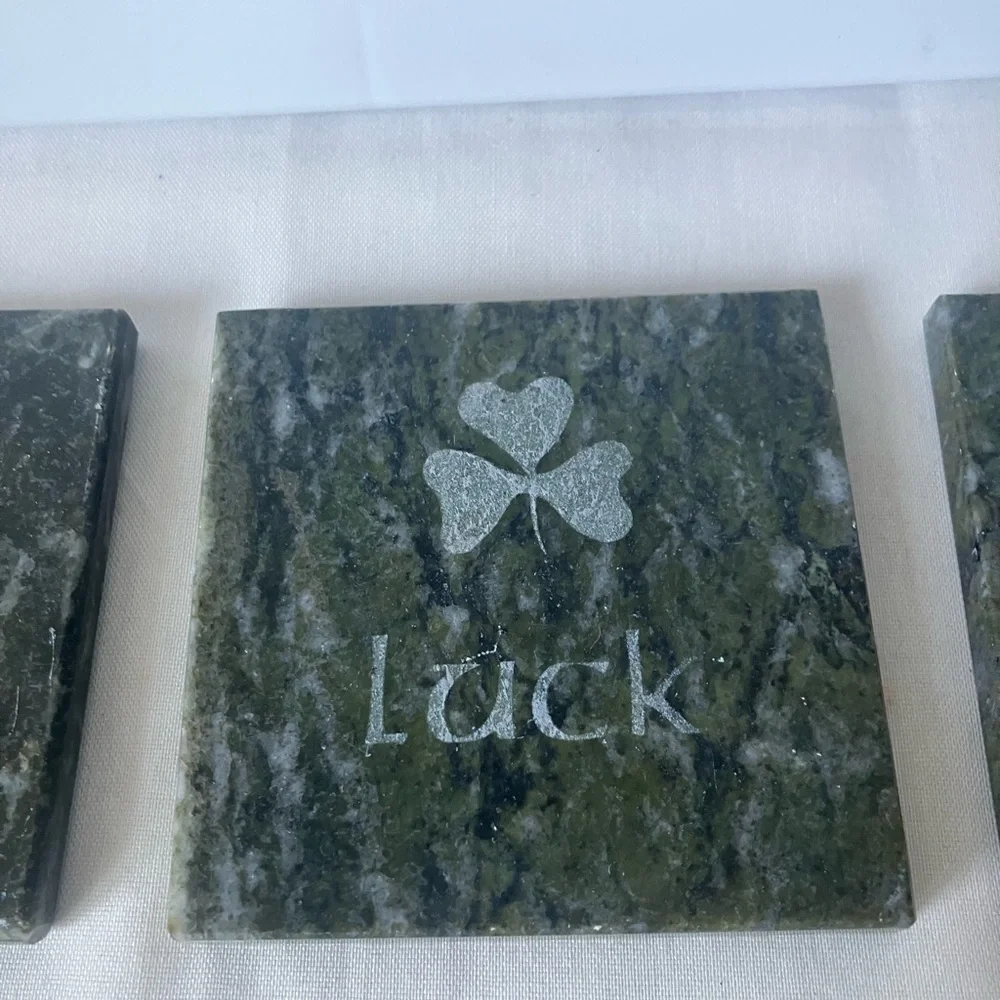Irish Connemara Marble Green Shamrock Life Love Laugh Set 3 Three Coasters.